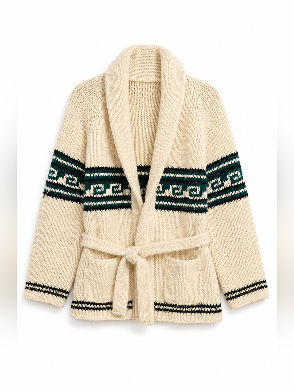 Vintage Handmade Cowichan Style Belted Cardigan, Cream Green, S/M, Cabin, Cozy